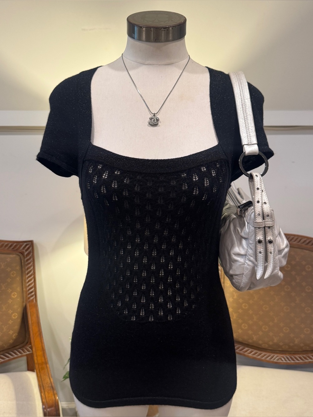 Vintage Cache Black Short-Sleeve Pointelle Knit Top Angora-Blend Size S Y2K Goth